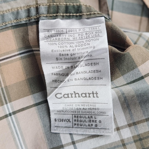 Carhartt Shirt Mens Large Brown Green Plaid Short Sleeve Button Down Workwear - Picture 13 of 16